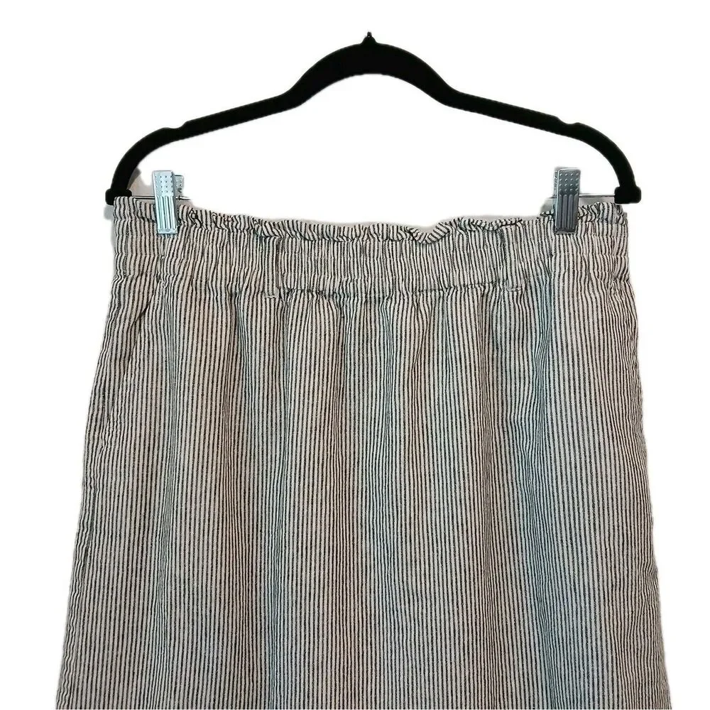 J Crew Skirt Womens Large Black/White Stripe Linen Bld Elastic Waist Seersucker